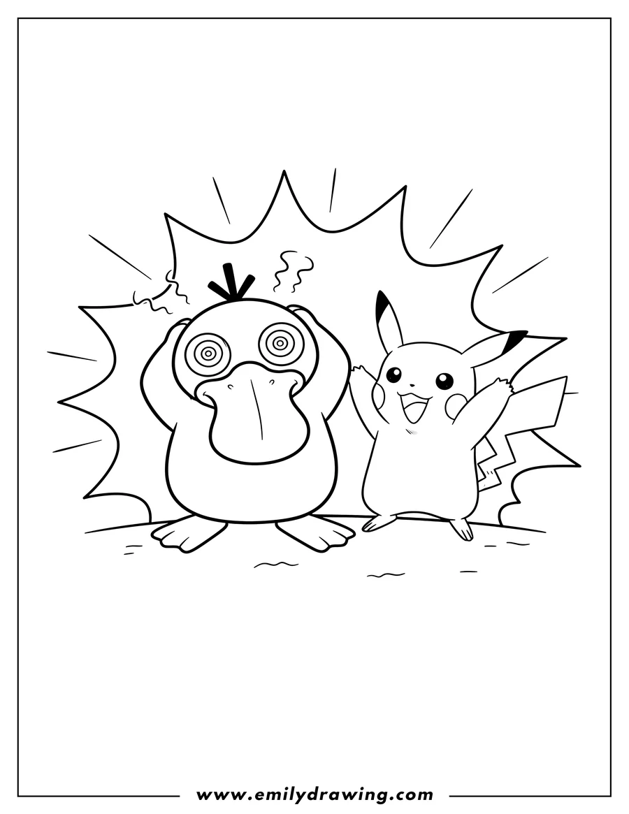 High quality printable psyduck holding its head and Pikachu with raised arms in a Pokemon poster for coloring