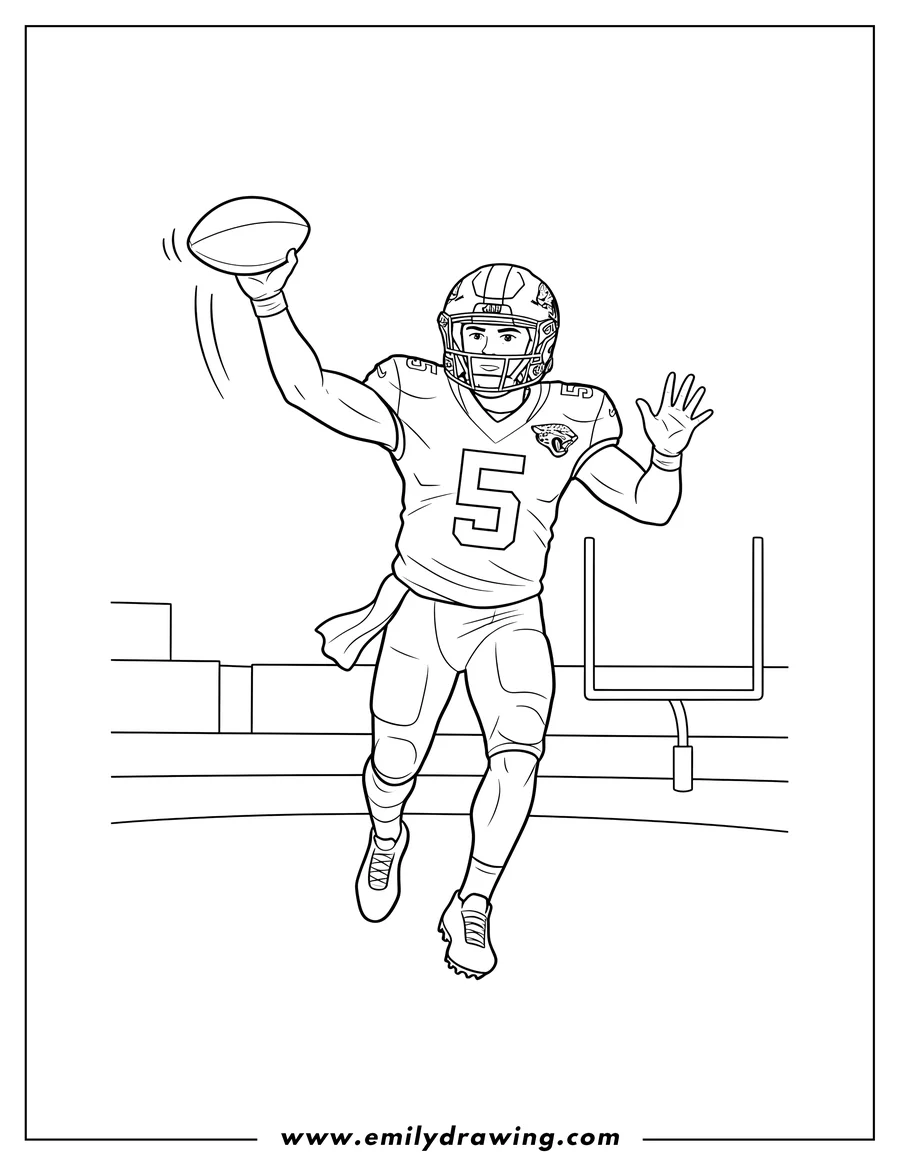 Full page coloring image of football Player wearing number 5 jersey and a helmet with a jaguar logo, throwing a football