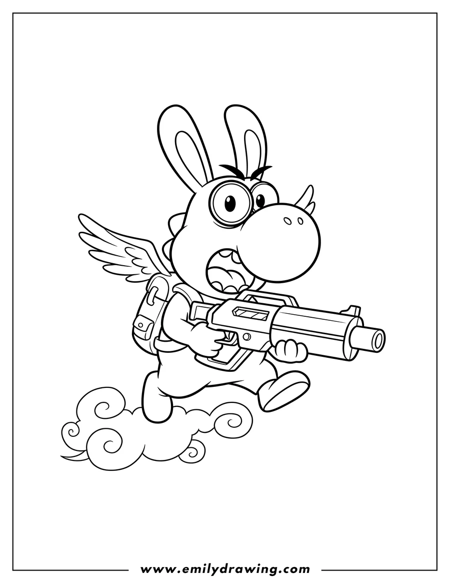 Coloring sheet featuring rabbid Yoshi Scaled flying, holding a blaster, and yelling