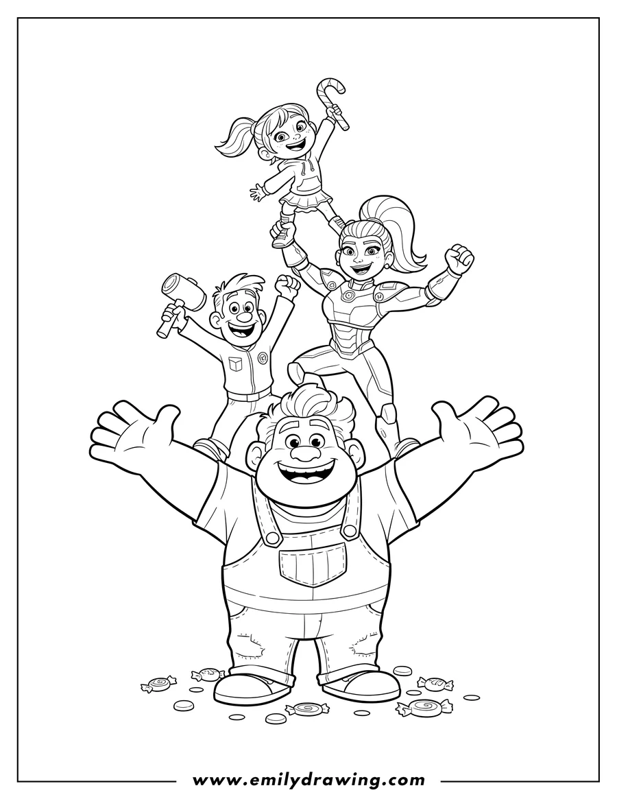 Free to print drawing of wreck It Ralph Vanellope Sergeant Calhoun And Fix It Felix stacked on Ralph, cheering