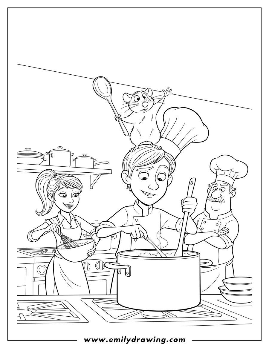Coloring sheet featuring ratatouille standing on Alfredo's head holding a spoon, Alfredo stirring a pot, with Colette whisking and Skinner in the background