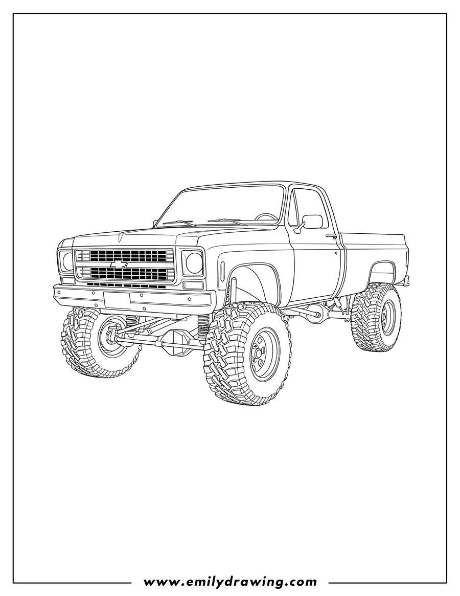 Printable coloring page of realistic 1975 Chevrolet K10, lifted with large tires, 3/4 view