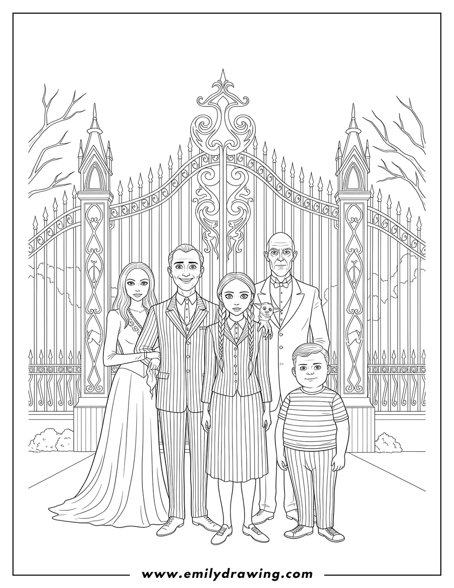 PDF style coloring page: realistic Wednesday Addams with Thing on her shoulder, Morticia, Gonzalez, Pugsley, and Lurch standing together in front of the Nevermore Academy gate
