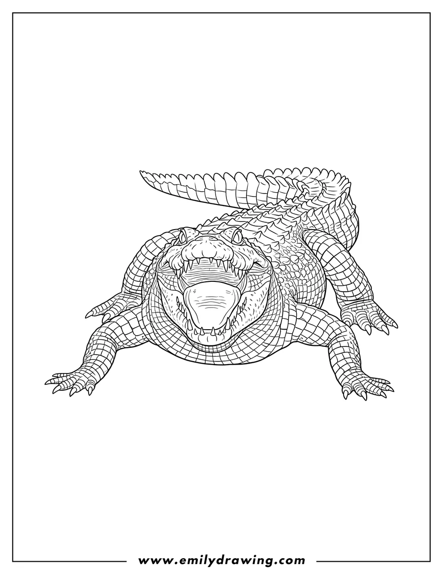 Clean line drawing: realistic American Crocodile Scaled with mouth wide open
