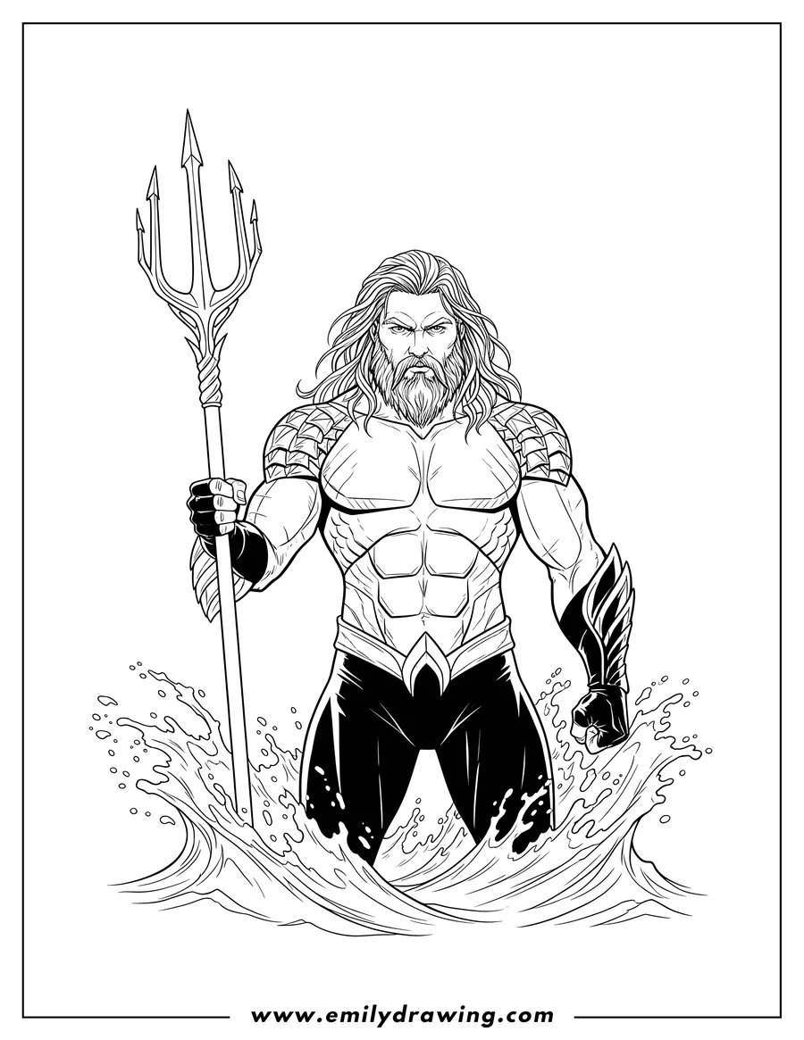 Printable line art of realistic Aquaman with a serious expression, long hair and beard, holding a trident, in splashing water