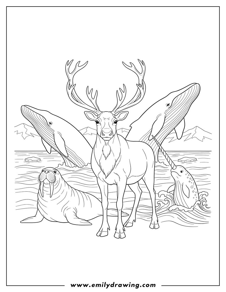 Simple sketch of realistic Arctic Animals, featuring a reindeer with antlers, walrus, narwhal, and whales to color