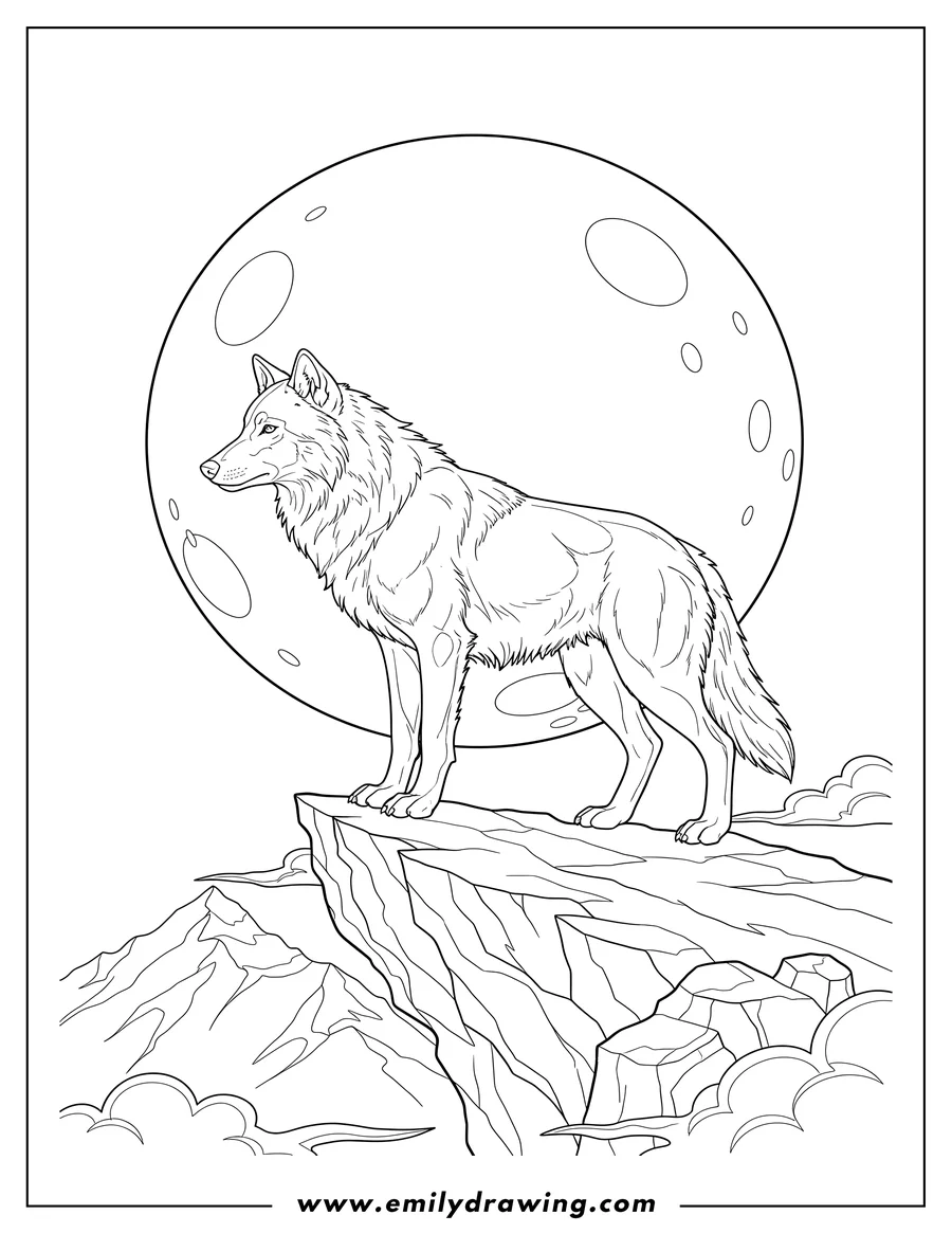 Clean line drawing: realistic big wolf standing in profile on a rocky cliff against a full moon