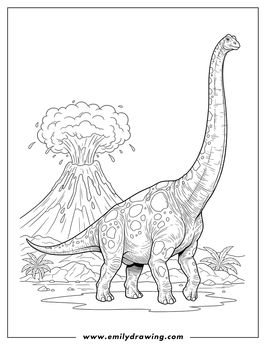 Free printable coloring sheet of realistic Brachiosaurus with spotted skin, walking away from erupting lava