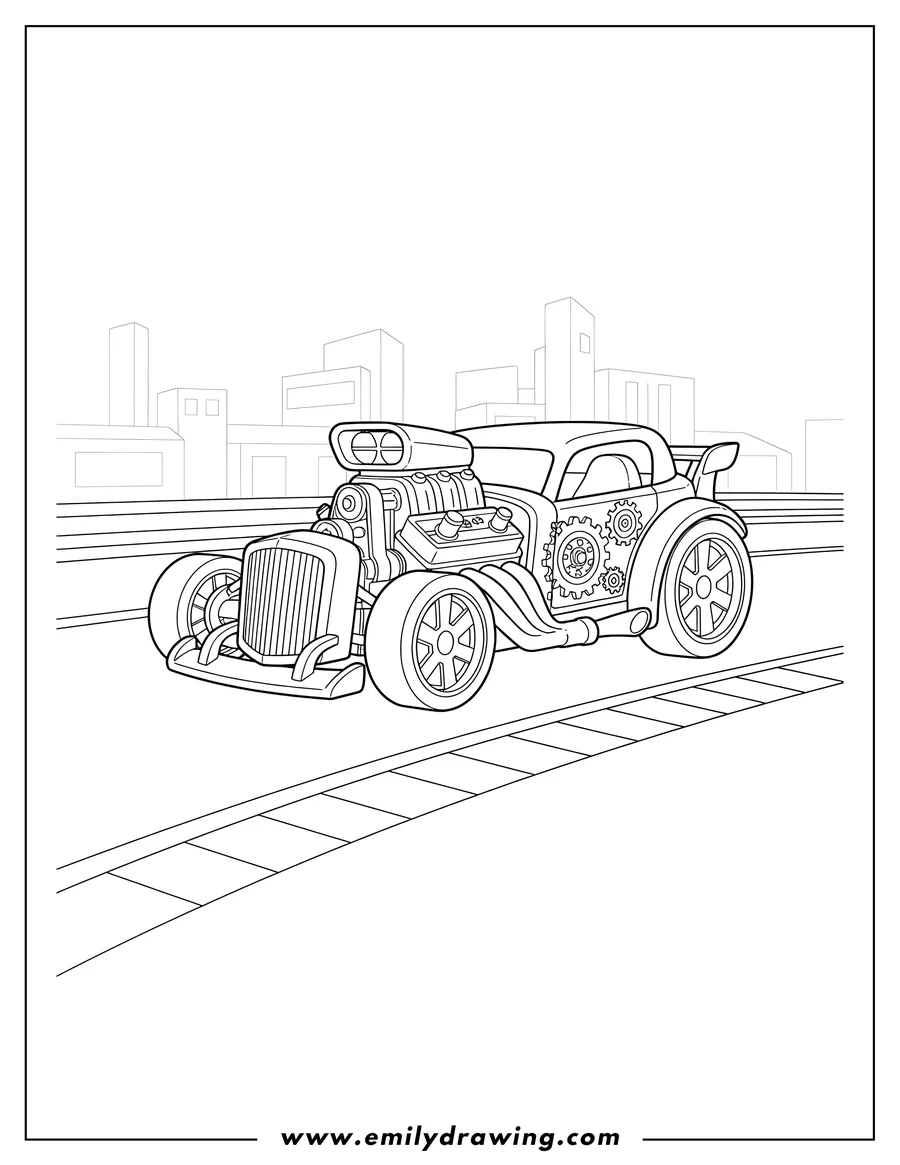 Outline drawing of realistic Hot Wheels car with a supercharged engine and steampunk gear designs, parked on a race track