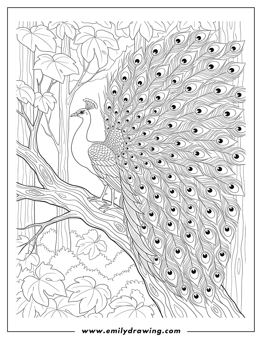 Outline drawing of realistic Peacock standing on a tree branch, looking right, with a long fanned tail, in a forest, for adults