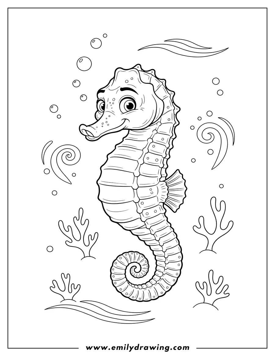 Linear illustration of realistic seahorse with a confident expression and curled tail in the ocean