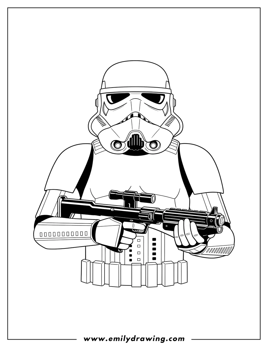 Coloring page of realistic Stormtrooper Front View, upper body, holding a blaster rifle