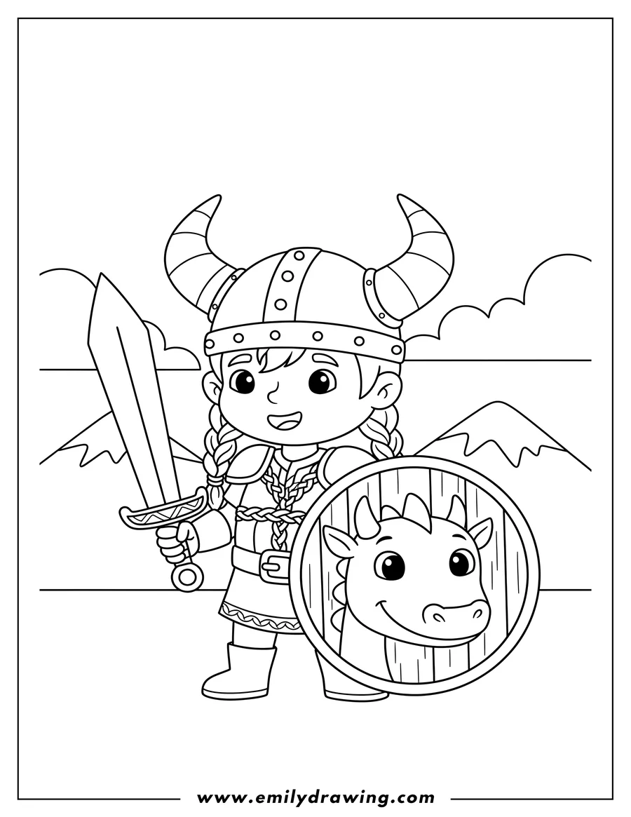 Printable coloring page of realistic Viking Warrior with a horned helmet, holding a sword and a dragon shield