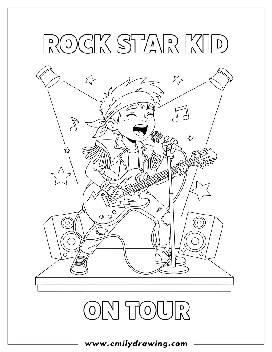 Doodle style coloring picture of rock Star Kid Performing On Stage 80S playing an electric guitar and singing into a microphone