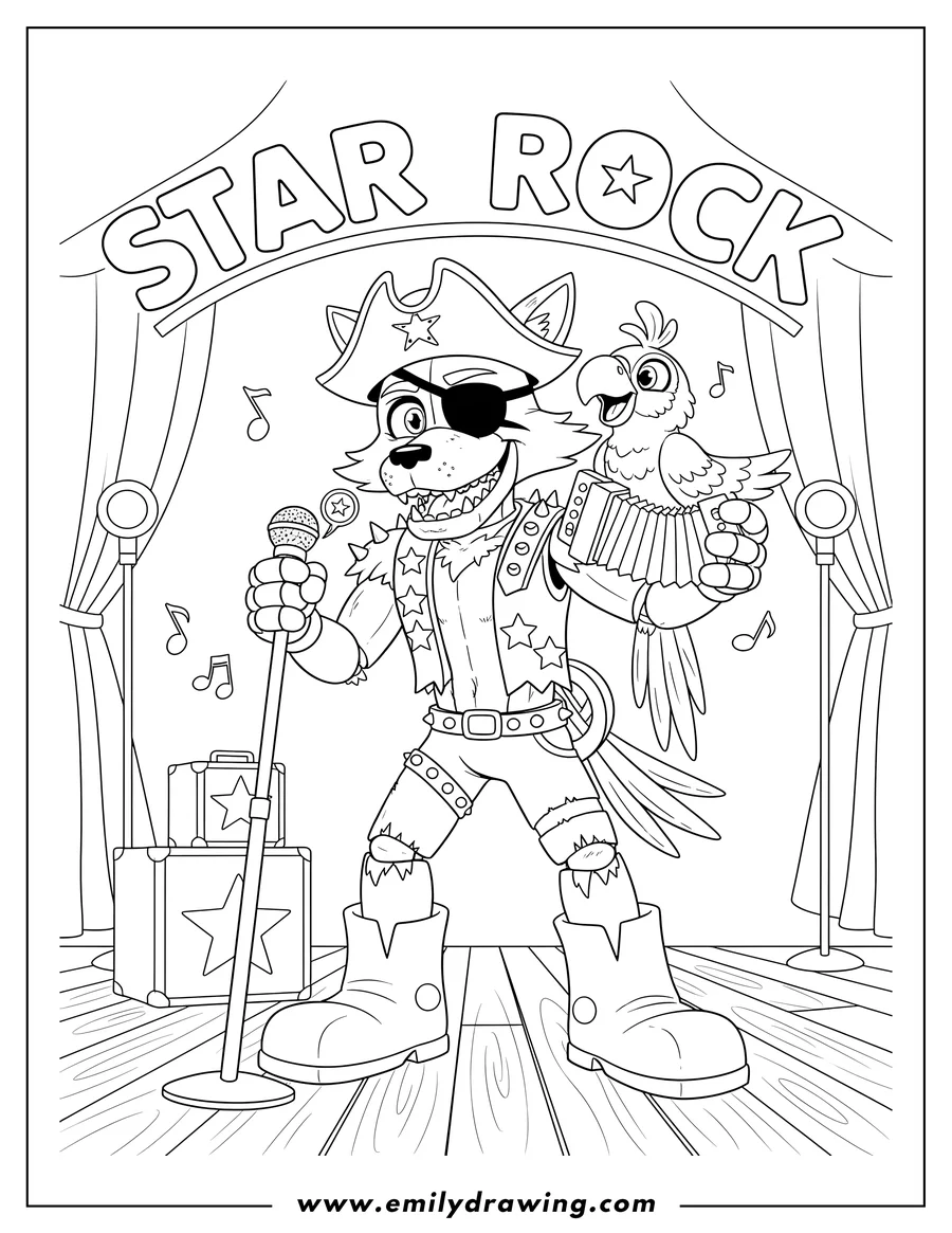Printable coloring page of rockstar Foxy with an eyepatch and his parrot playing an accordion on stage