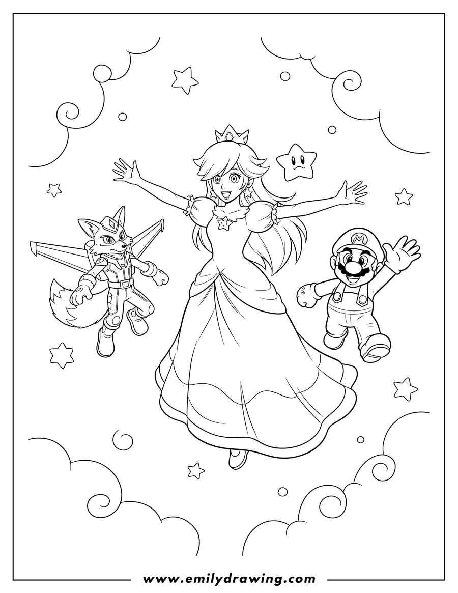 Coloring page for kids: rosalina flying with outstretched arms, Luma, Mario waving, and Fox McCloud gliding
