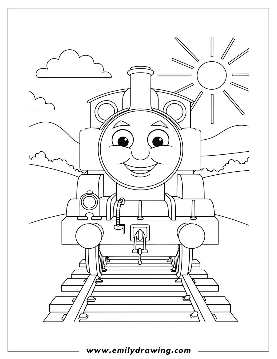 Downloadable coloring page of rosie the Train from Thomas & Friends, smiling and on tracks, coloring page