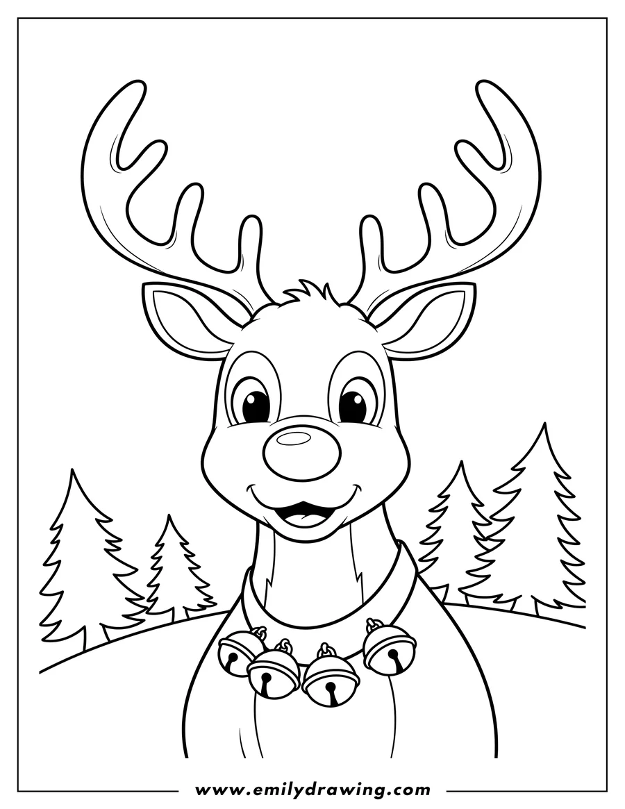 Free printable coloring sheet of rudolph with antlers and a big round nose, wearing a collar with bells