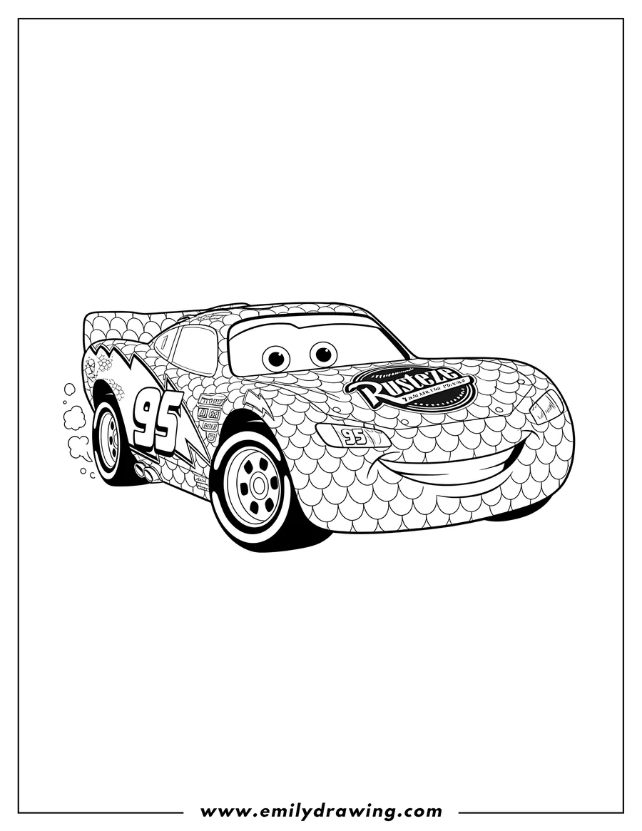 Linear illustration of rusteze Lightning Mcqueen Scaled, number 95, smiling and driving