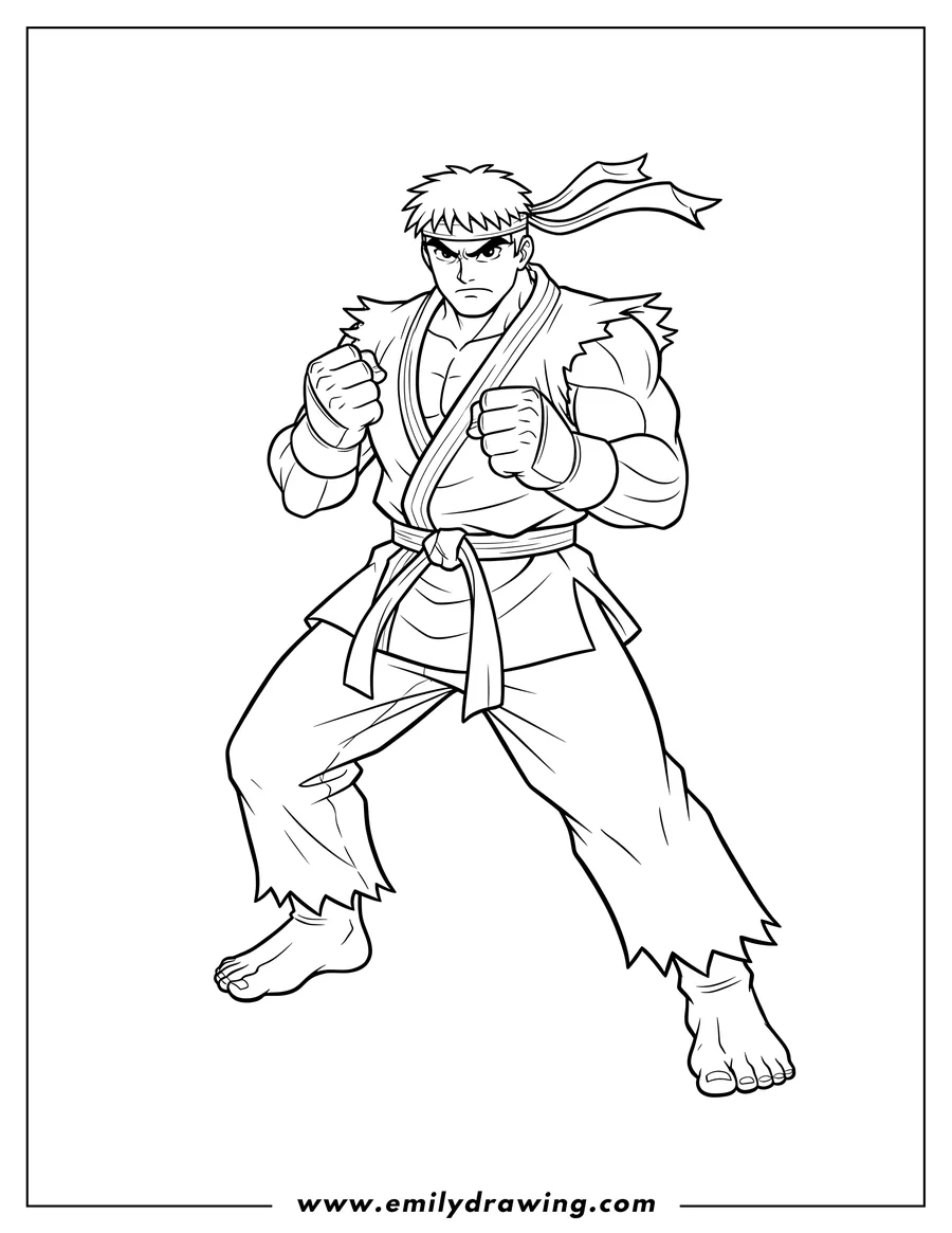 Outline drawing of easy Street Fighter Ryu with a determined expression, wearing his gi and headband