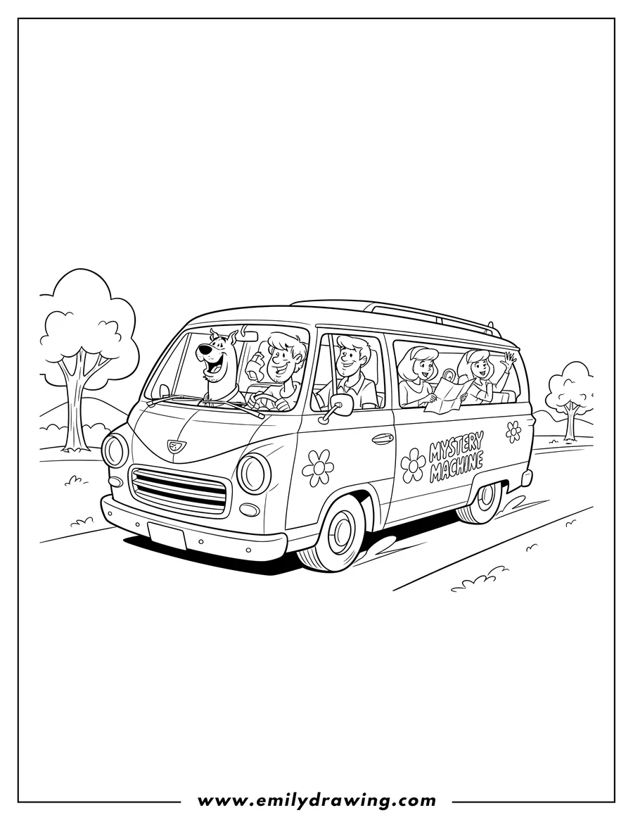 Full page coloring image of scooby Doo Tv, the gang driving in the Mystery Machine