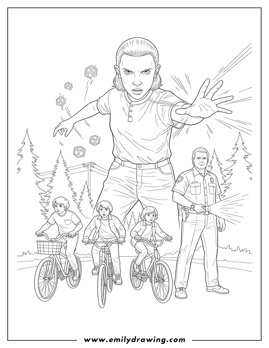 Clean line drawing: season 1 Stranger Things Scaled with Eleven using powers, boys on bikes, and Chief Hopper