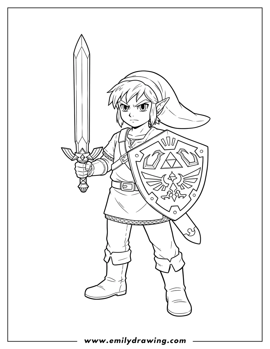 Coloring page for kids: serious Link holding a sword vertically and a shield at the ready