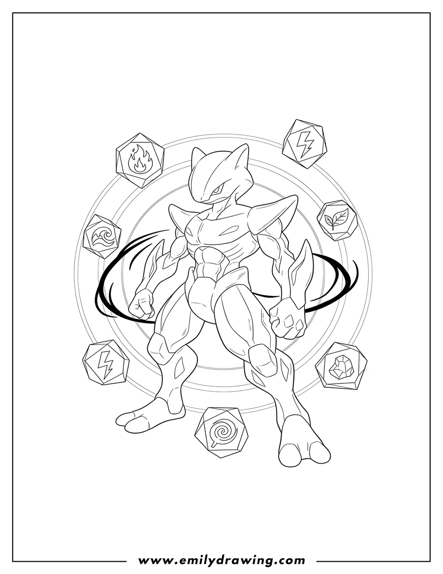 Coloring page for kids: shadwo Mega Mewtwo X with floating crystals and elemental symbols