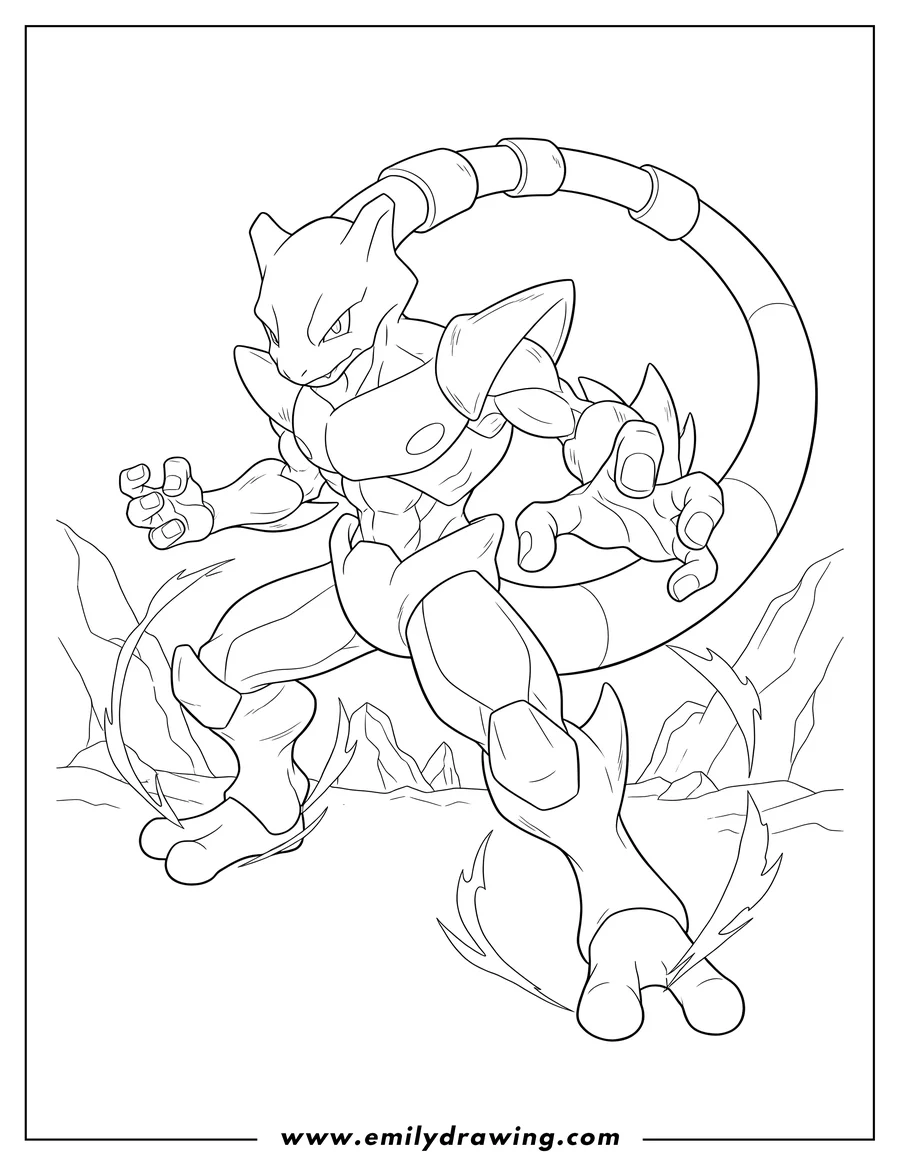 Downloadable coloring page of shiny Mega Mewtwo looking fierce, in a dynamic pose