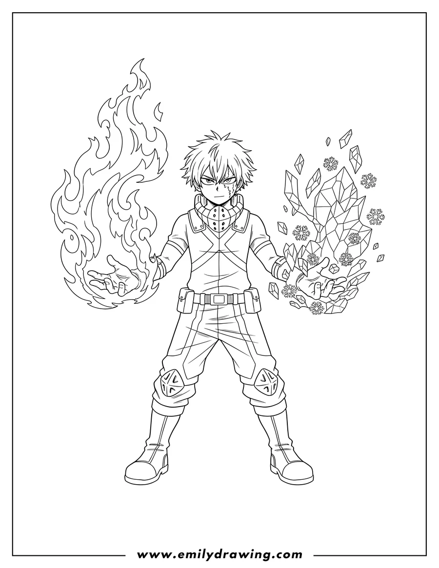 Downloadable coloring page of shouto Todoroki with fire power and his hands out