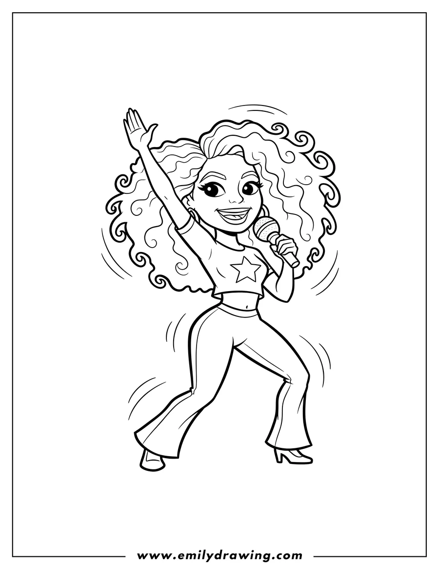 Printable coloring page of simple Beyonce Striking a Dance Pose, Smiling, holding a microphone, with energetic style and big curls