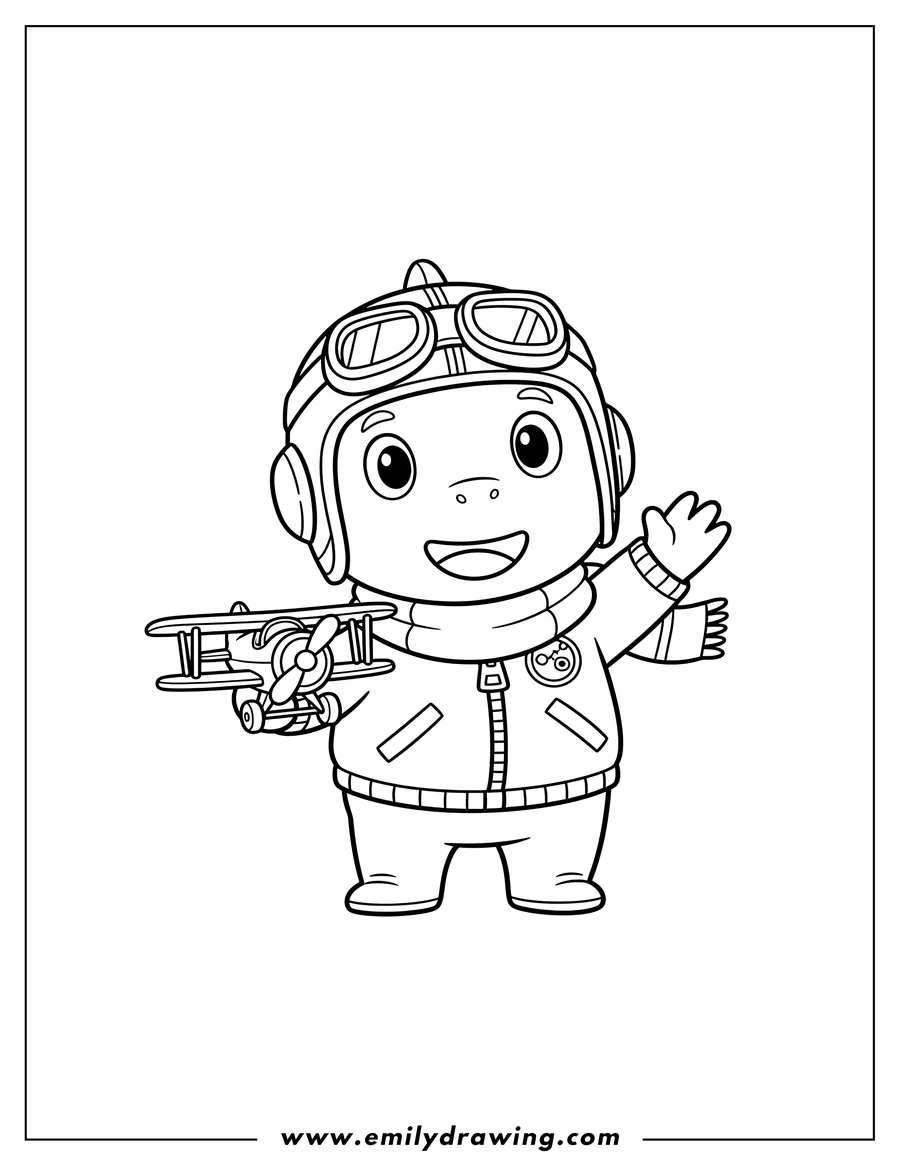 Linear illustration of simple Crong, wearing an aviator suit and holding a toy airplane, waving, for preschoolers