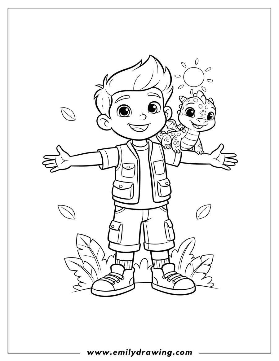 Linear illustration of simple Diego Scaled, smiling and standing