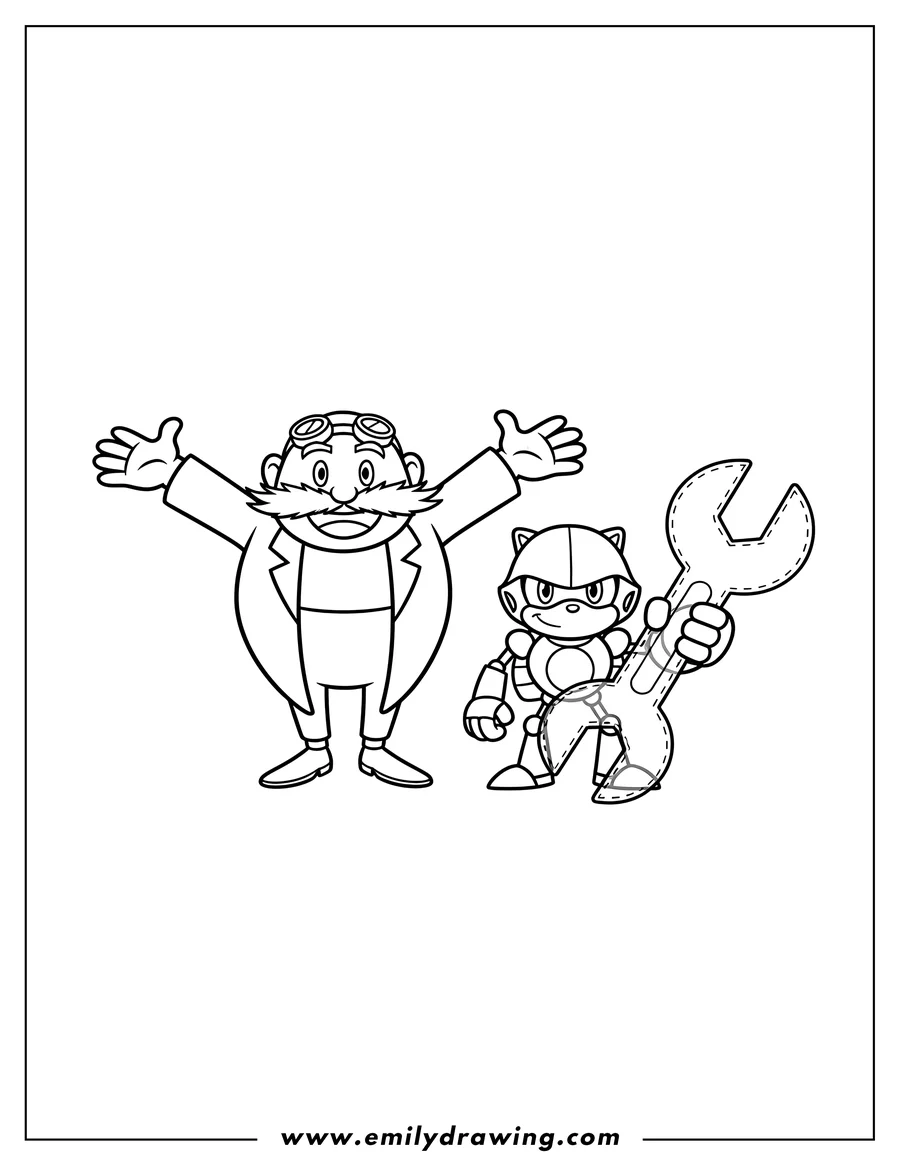 Coloring page for kids: simple Doctor Eggman with outstretched arms and Metal Sonic holding a tool outline for preschoolers
