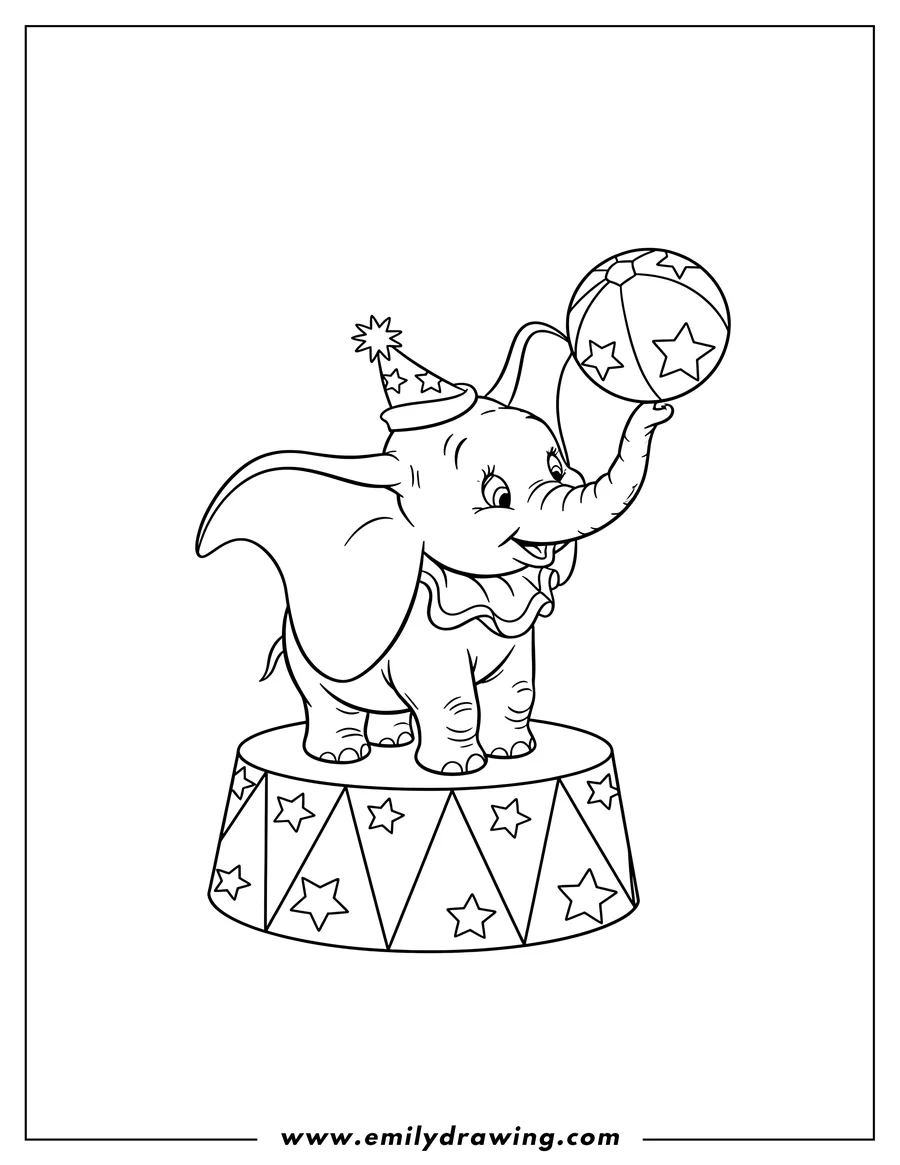 Outline drawing of simple Dumbo, wearing a small hat, spinning a ball with stars on his trunk while standing on a circus podium with stars