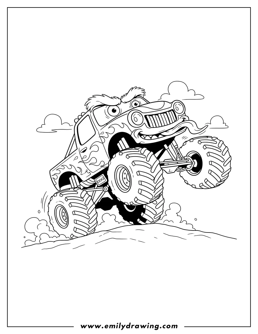 Doodle style coloring picture of simple El Diablo Monster Truck with a monster face and tongue, doing a wheelie