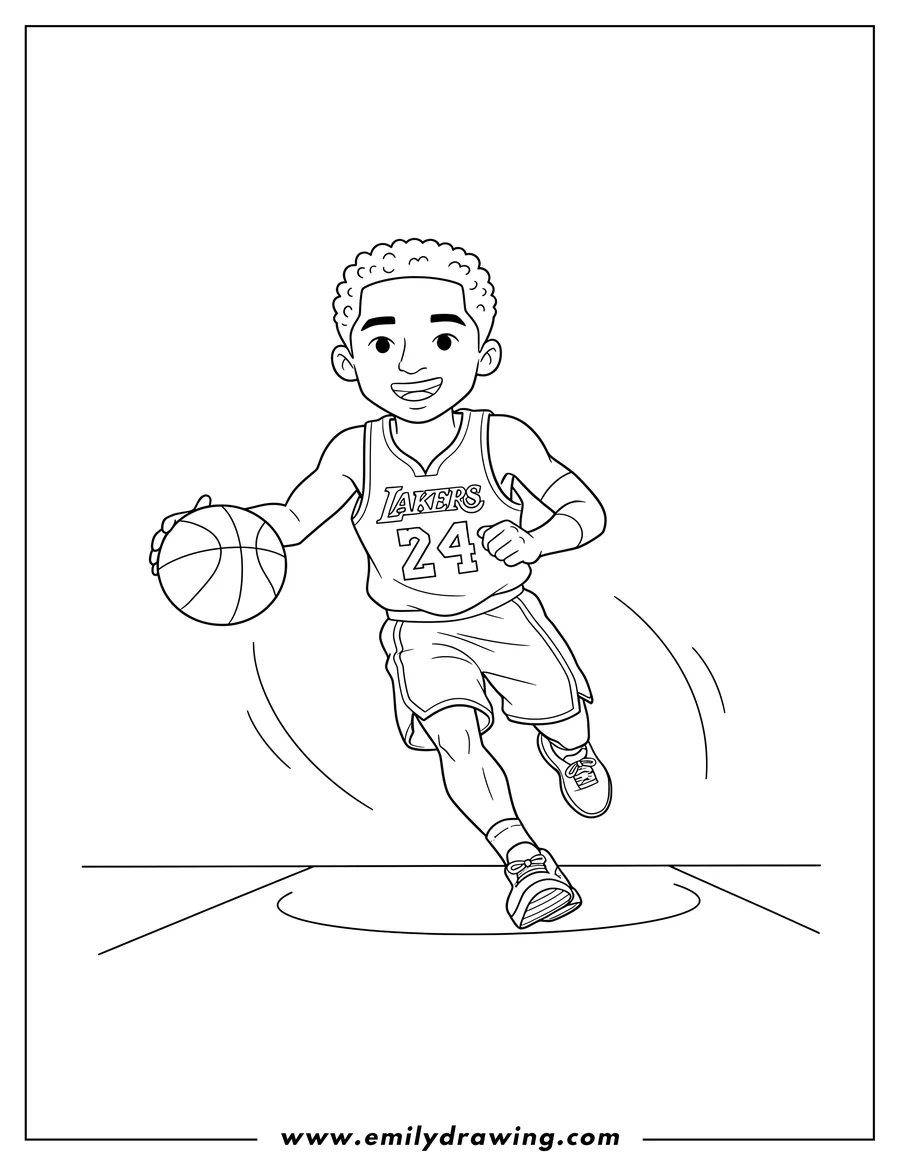 Simple sketch of simple Kobe Bryant in a Lakers jersey #24, dribbling a basketball while running to color