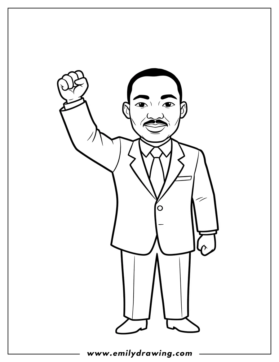 PDF style coloring page: simple Martin Luther King Jr. in a suit and tie, with his left fist raised