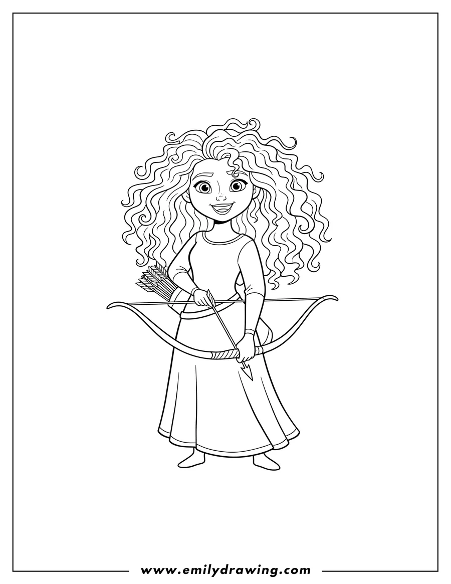 High quality printable simple Merida Holding Bow And Quiver Arrows, standing and smiling with curly hair for coloring
