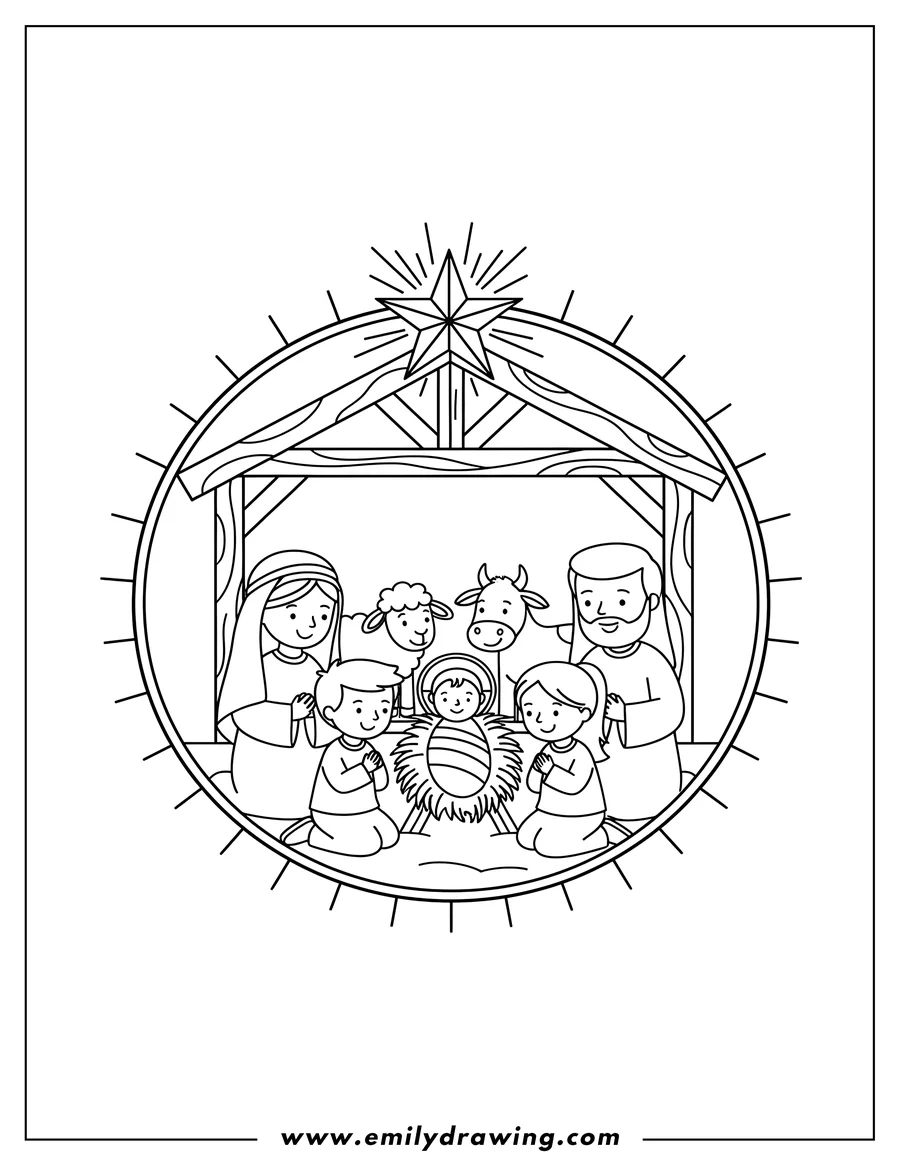 Coloring page for kids: simple Nativity Jesus Preschoolers, with Mary, Joseph, stable animals, and a bright star