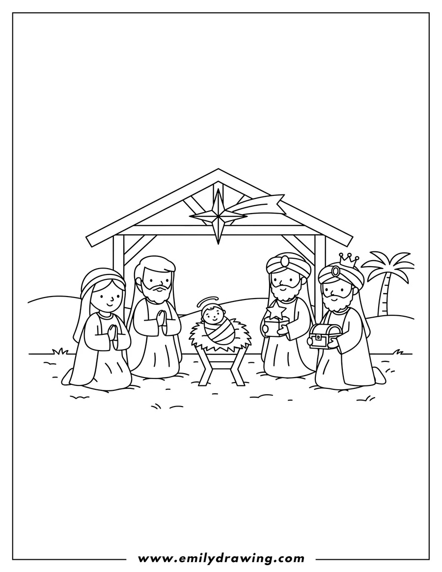 Clean line drawing: simple Nativity With Wise Men, Mary and Joseph kneeling by baby Jesus in manger