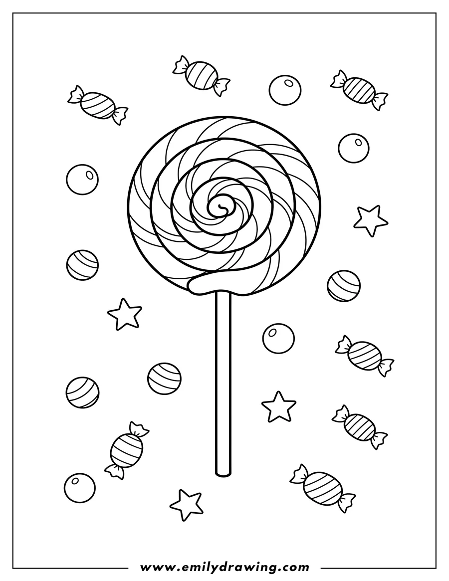 Coloring page of simple Outline Swirly Lollipop with Scattered Candies
