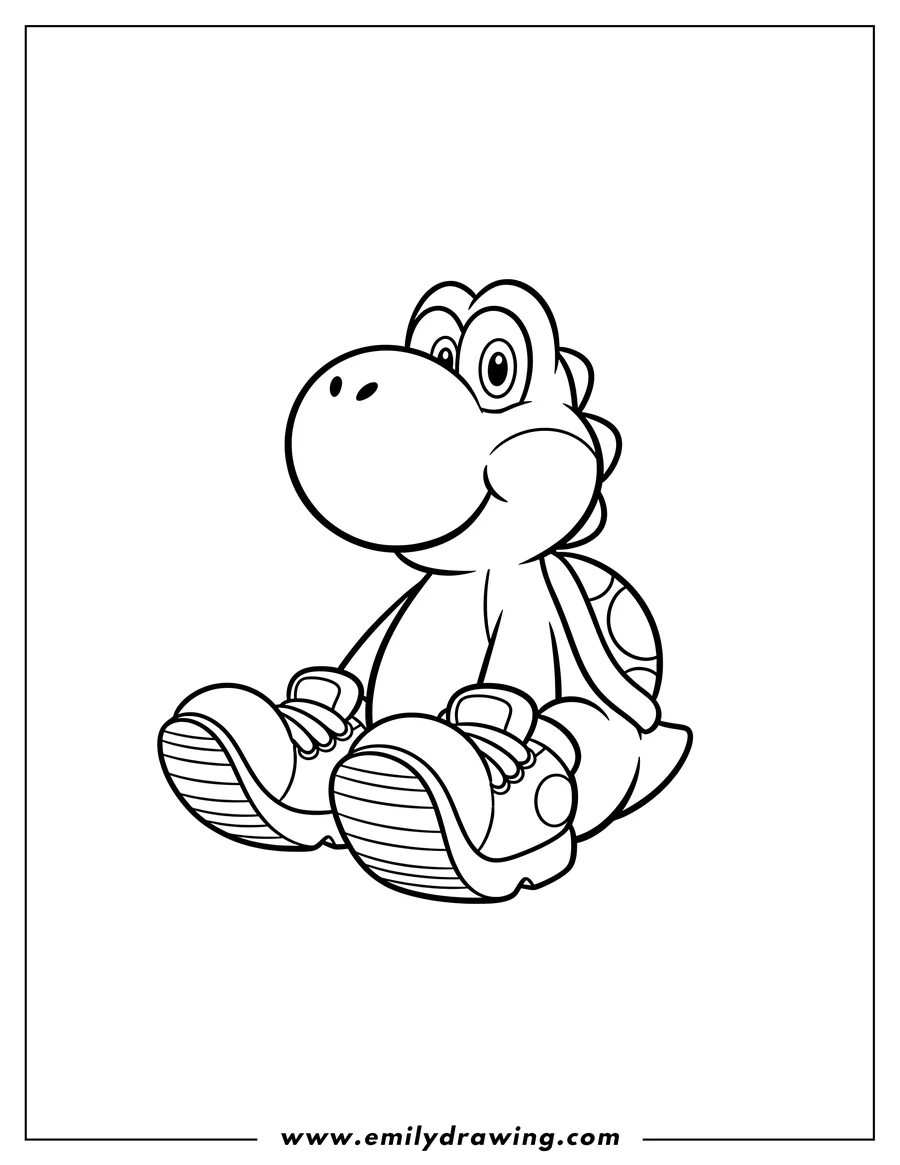 Linear illustration of simple Outline Yoshi Scaled, sitting down, wearing big shoes