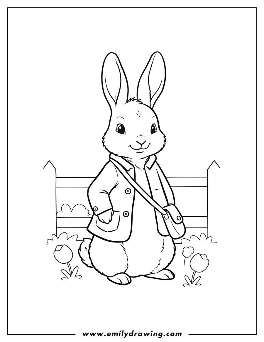 Simple sketch of simple Peter Rabbit Preschoolers, standing and wearing his jacket with a satchel to color