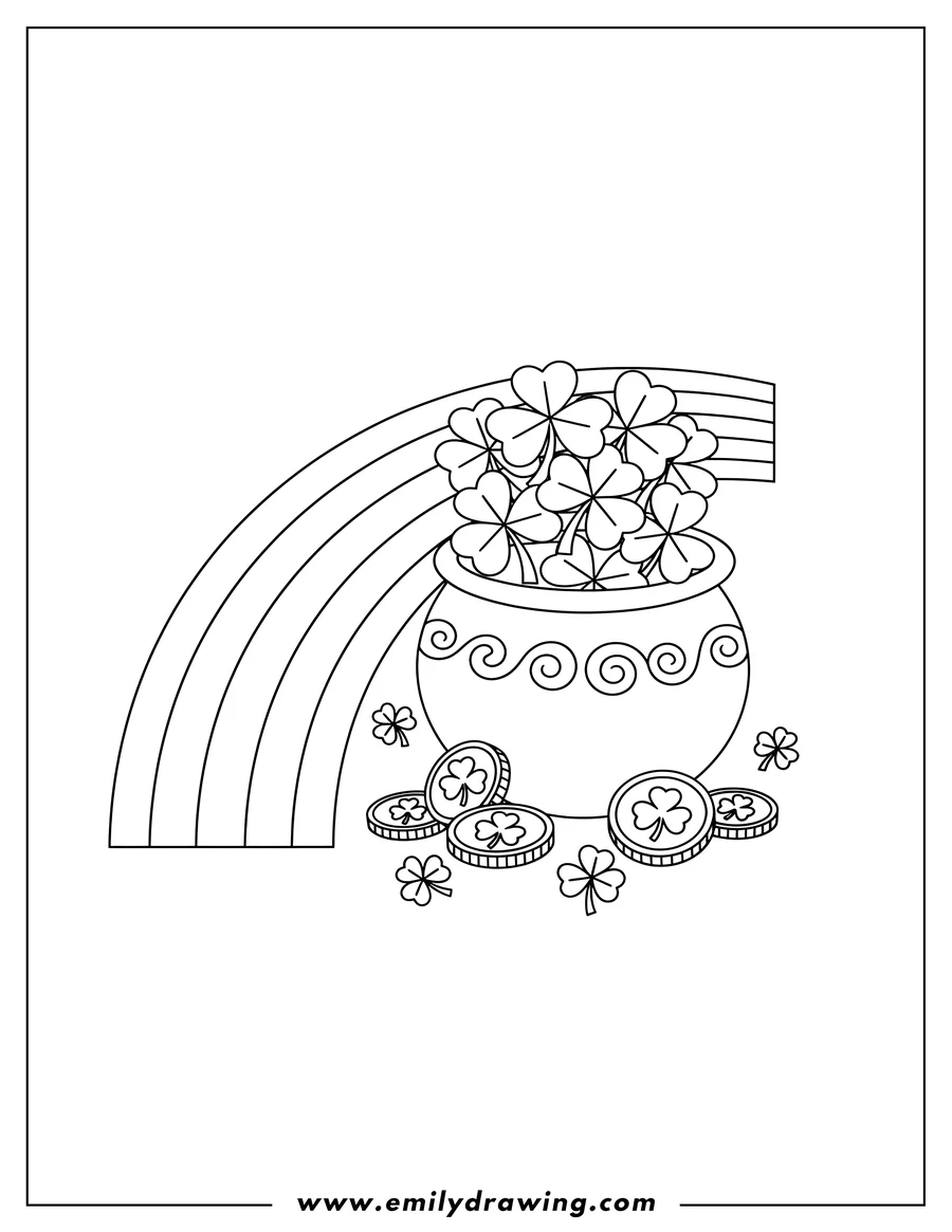 Black and white line art of simple Pot of Shamrocks and Shamrock Coins at End Rainbow