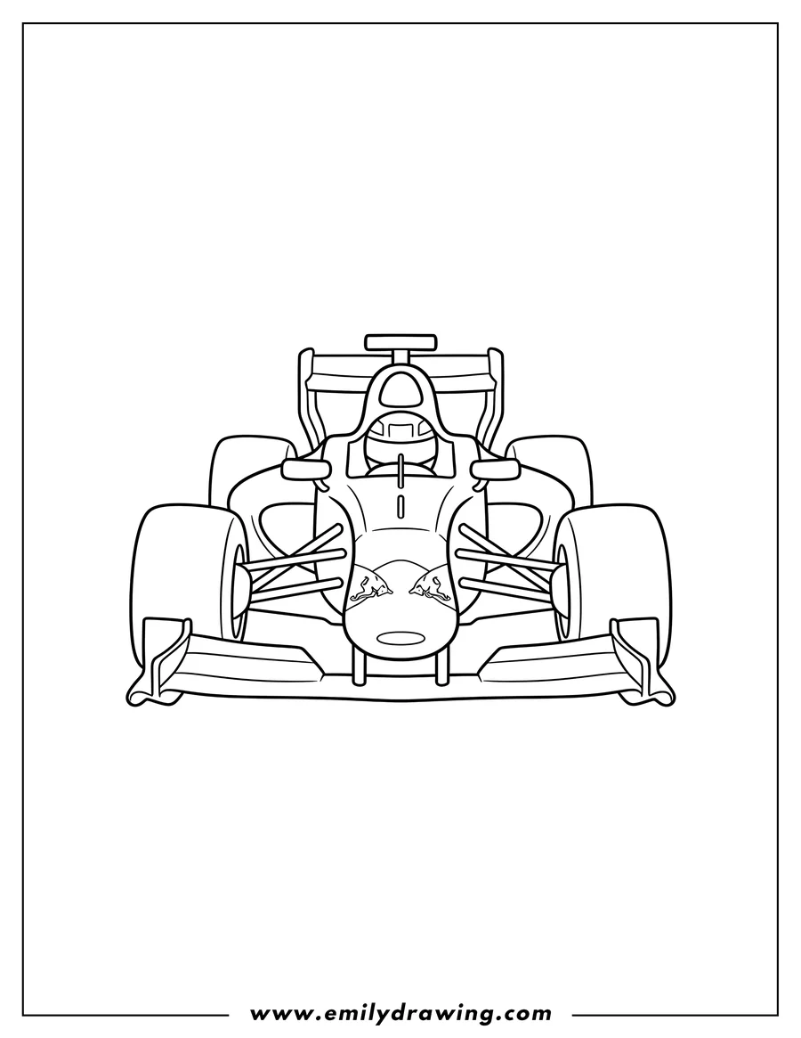 Printable coloring page of simple F1 Red Bull Racing Car coloring page, front view