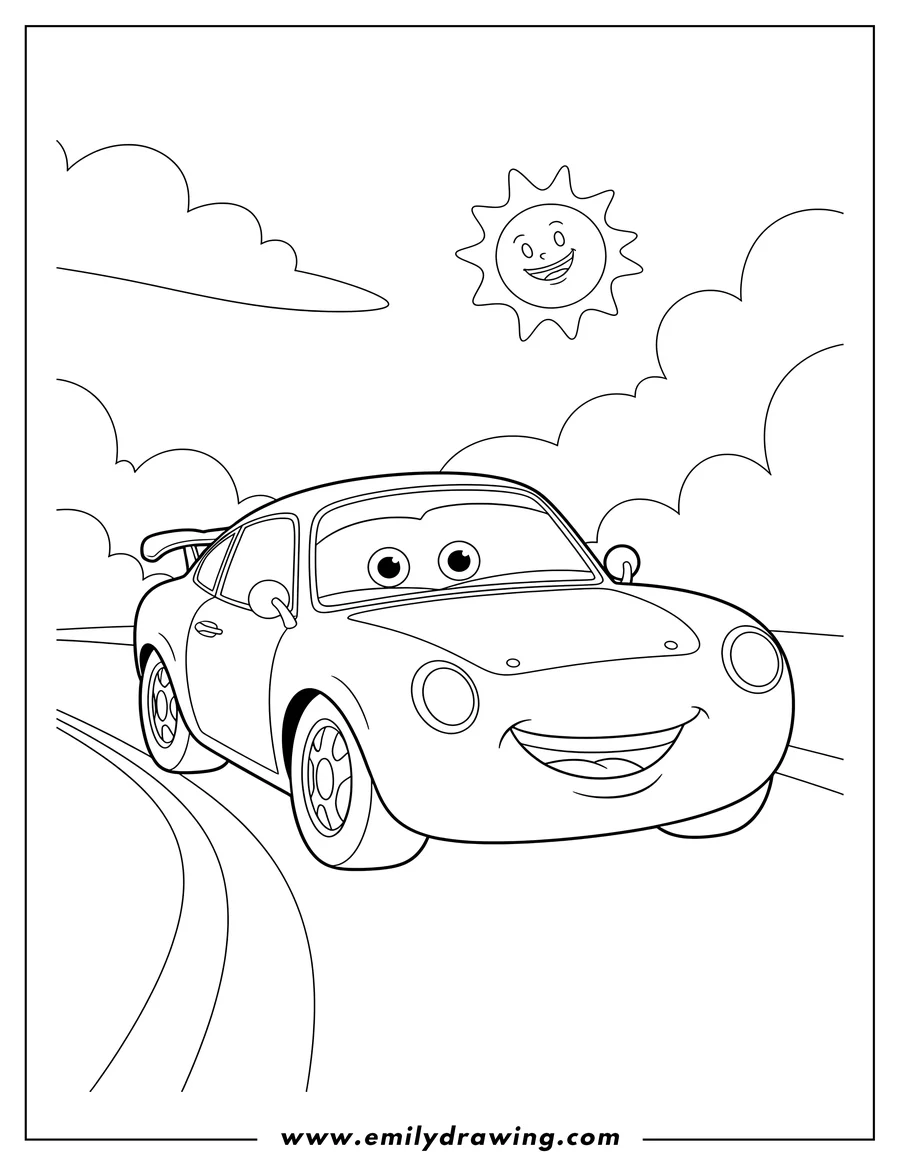 Clean line drawing: simple Sally Carrera driving and smiling