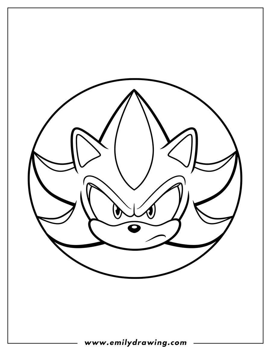 Linear illustration of simple Shadow Hedgehog Face with a stern look, coloring page
