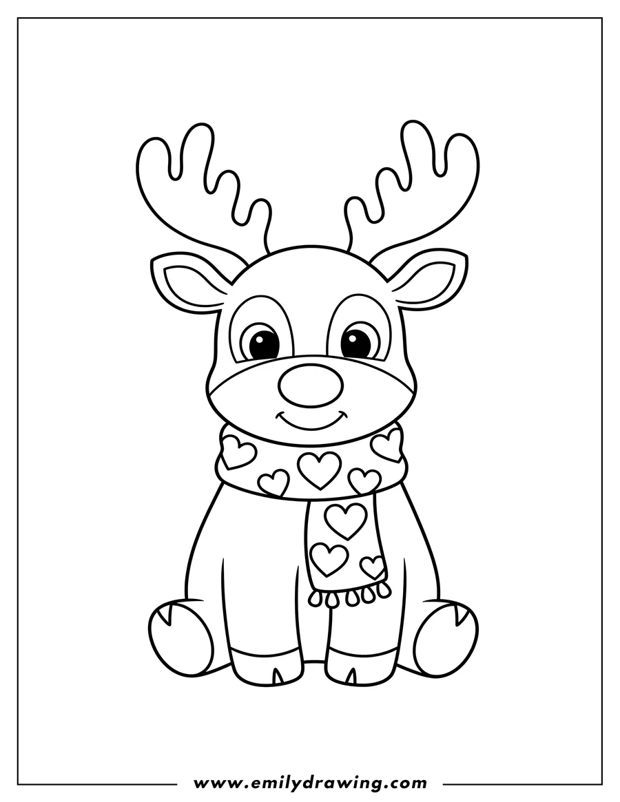 Doodle style coloring picture of simple sitting Rudolph with antlers and a love heart scarf, for preschoolers