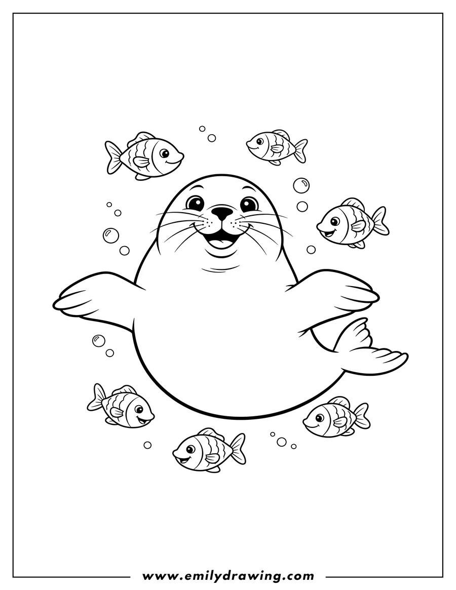 Printable coloring page of simple smiling seal with flippers spread, surrounded by fish